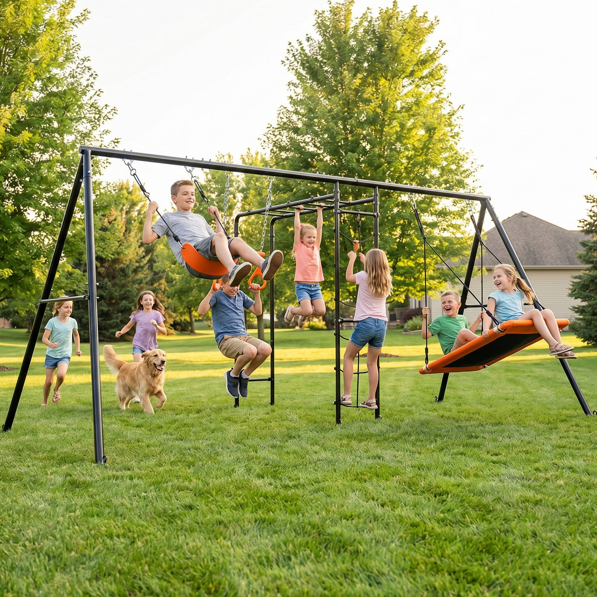 700LBS outdoor metal swing sets create a happy family backyard