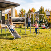 AC0501M-6-in-1 Metal Swing Set with Slide, Crawl Tunnel & Monkey Bars for Backyard