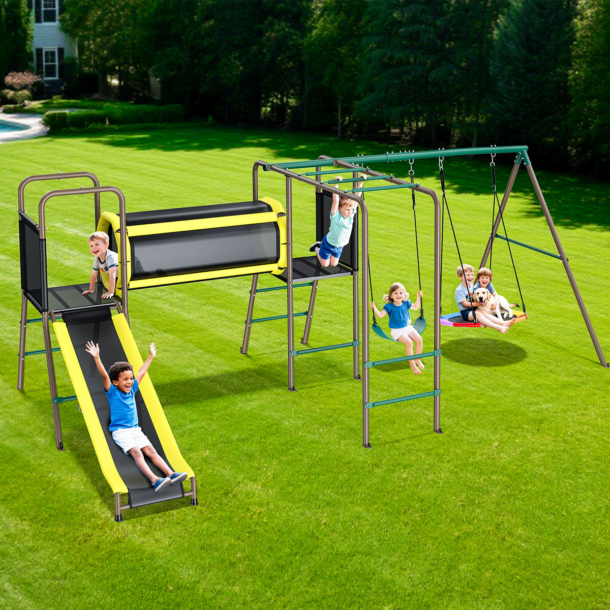 660lbs Swing Set with Slide,Crawl Tunnel and Monkey Bars for