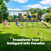 660lbs Swing Set with Slide,Crawl Tunnel and Monkey Bars for Backyard,6 in 1 Metal Swingset Outdoor for Kids Aged 3-12