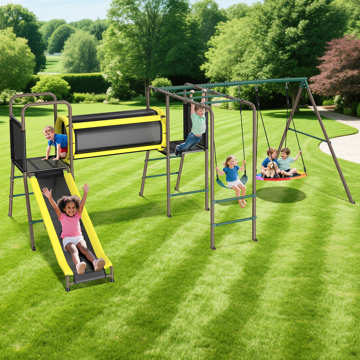 660lbs Swing Set with Slide,Crawl Tunnel and Monkey Bars for