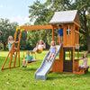 6-in-1 Wooden Swing Set with Clubhouse, Slide & Saucer Swing, Cedar Outdoor Playset for Kids with Climbing Ladder and Picnic Area