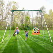 9.5' Tall Heavy-Duty Powder Coated Outdoor Metal Swing Set with 2 Swings and Trapeze