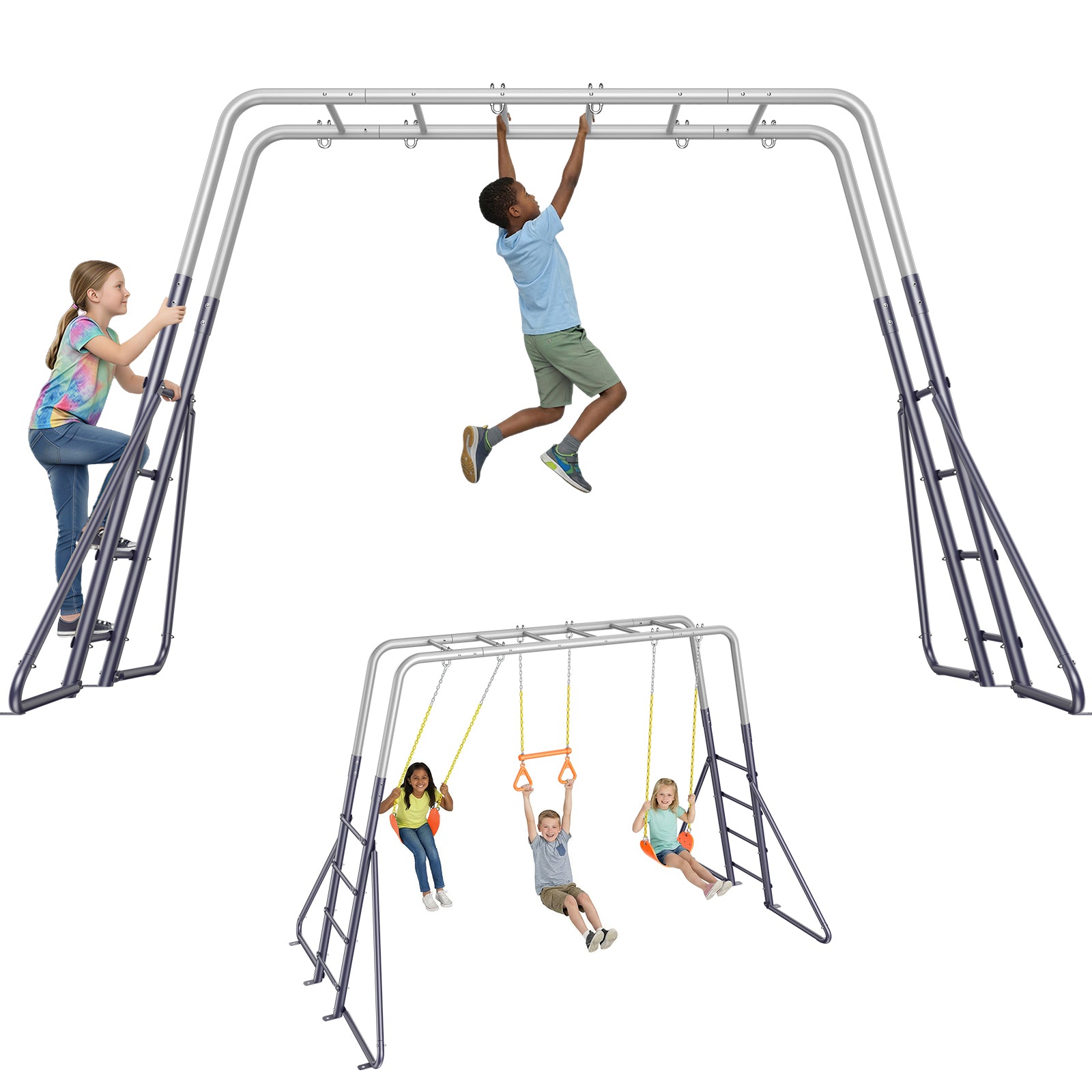Swing Bars Basic 5 in 1 Heavy Duty Metal Swing Set with Monkey Bars and 3 Swings for ...