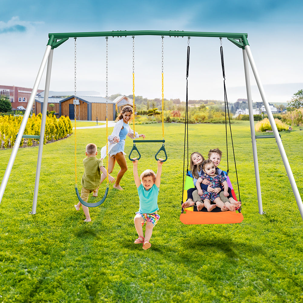 9.5' Tall Heavy Duty Swing Set for Adults with 2 Swings and Trapeze Bar