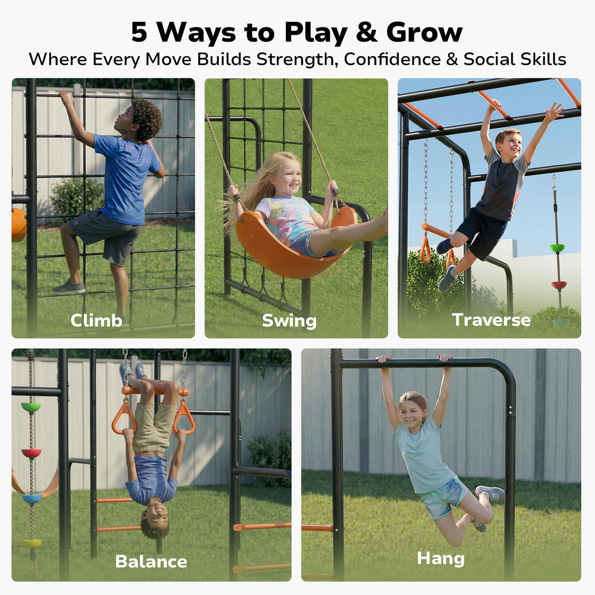 Tree Gym 6-in-1 Outdoor Jungle Gym with Metal Monkey Bars and Swing Sets for Ki ...