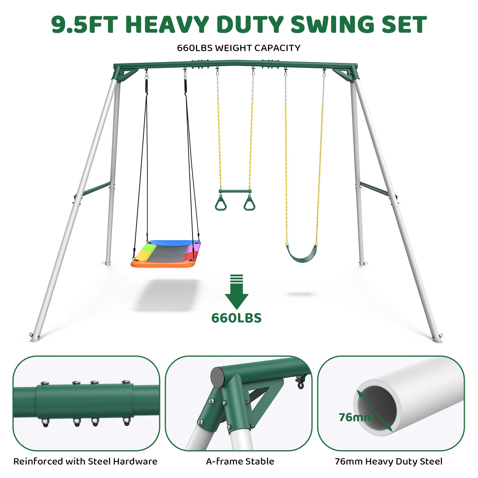 9.5' Tall Heavy Duty Swing Set for Adults with 2 Swings and