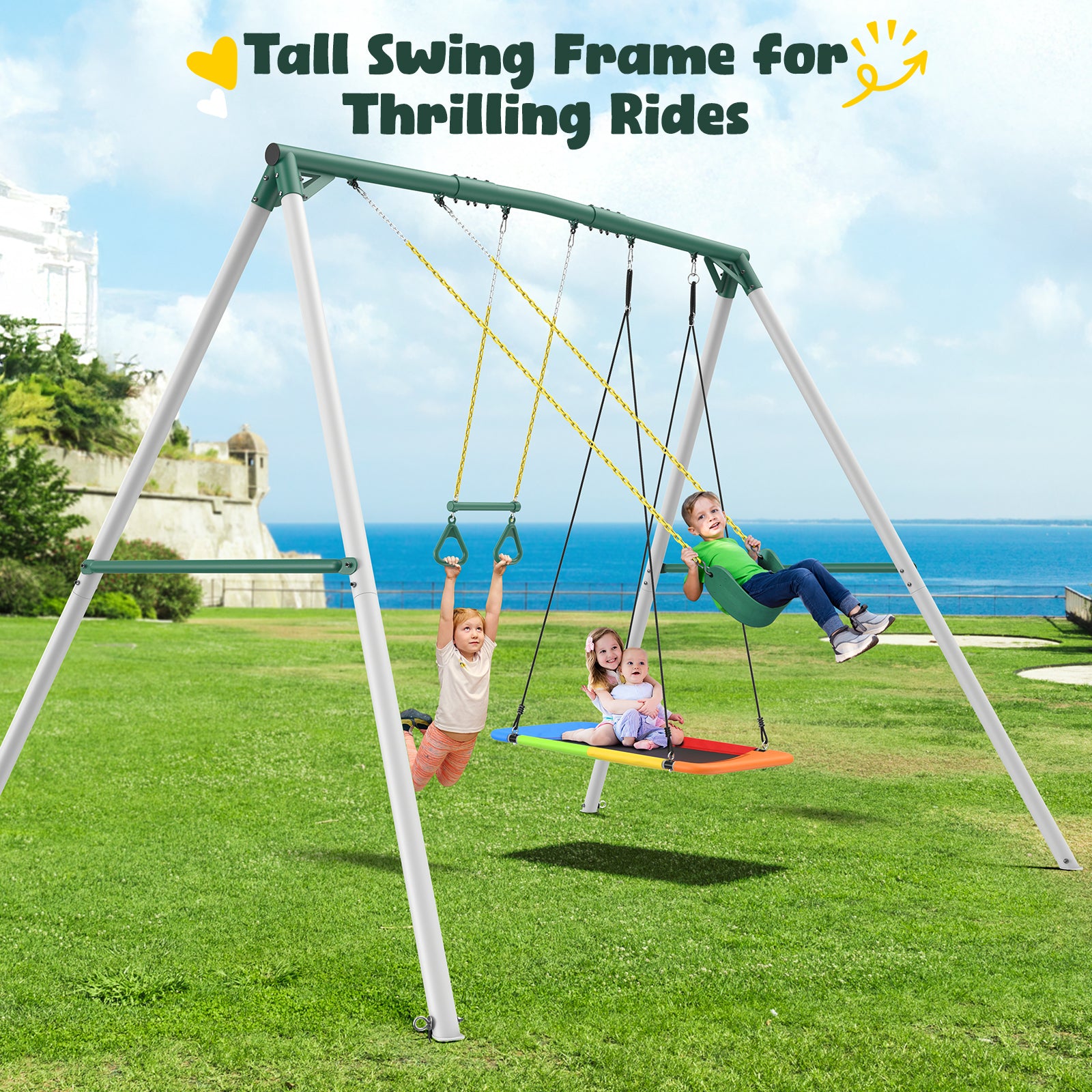 Sapper Swing 9.5' Tall Heavy Duty Swing Set for Adults with 2 Swings and Trapeze Bar ...