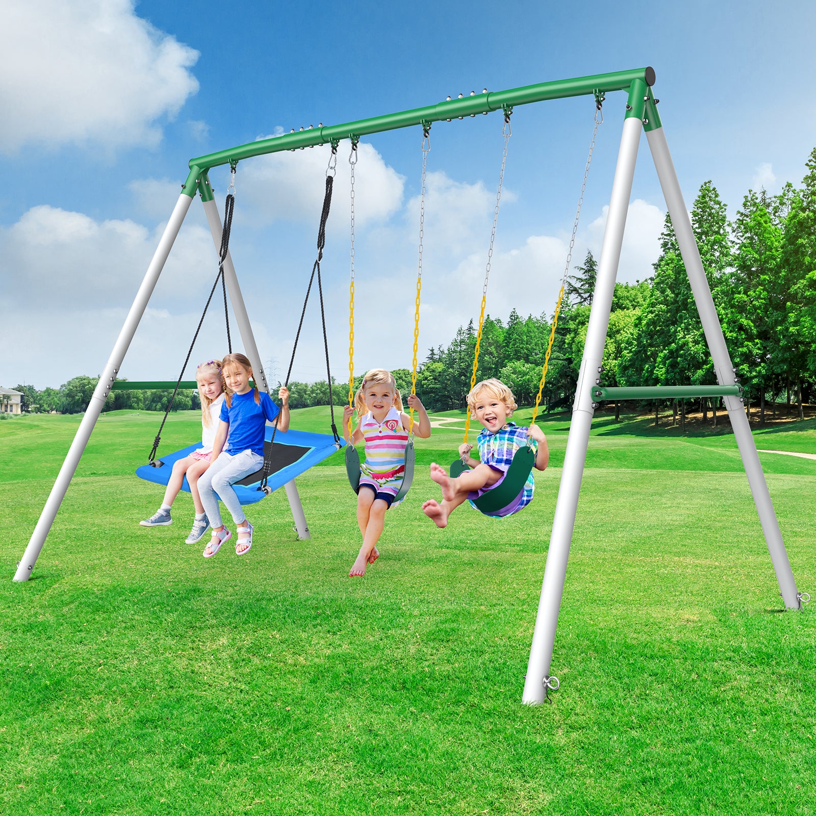 600lbs Large Metal Frame Outdoor Family Swing Set for Kids and Adults