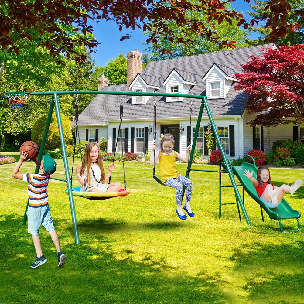 Swing Set Metal Frame with Saucer Swing, Belt Swing and Slide Autojoy